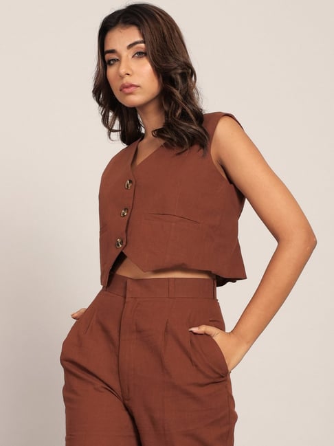 KAORI BY SHREYA AGARWAL Brown Blended Solid Sleeveless Waistcoat