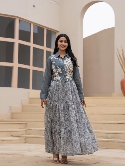 Juniper Grey Cotton Embroidered Maxi Dress With Jacket