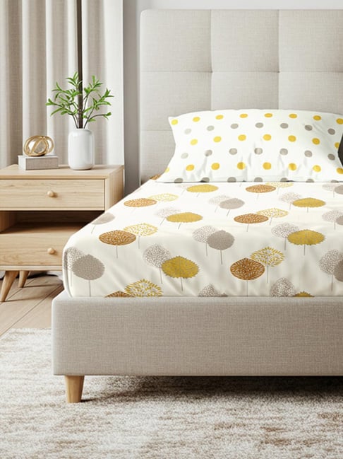 Urban Space Drops Mustard Cotton Printed 200 TC King Bedsheet Cotton with 2 Pillow Covers-picture-33