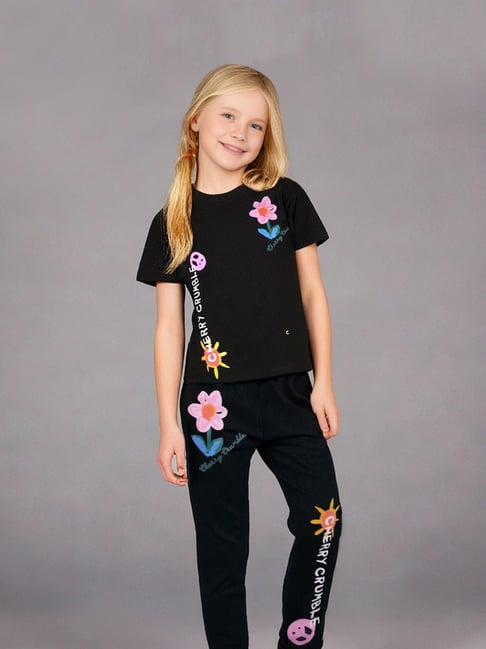 Cherry Crumble By Nitt Hyman Girls Black Printed Regular Fit Night Suit