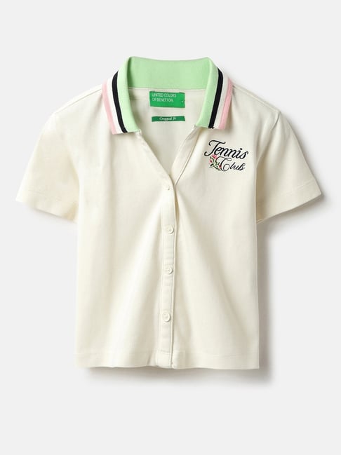 United Colors of Benetton Kids Off White Embroidery Cotton Regular Fit Shirt