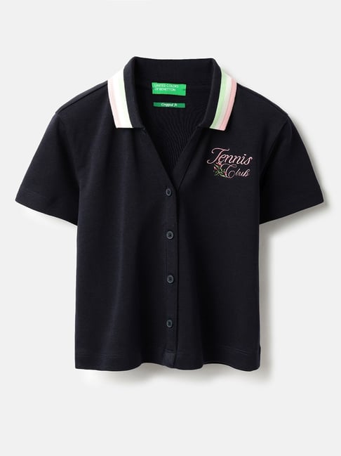 United Colors of Benetton Kids Black Embroidery Cotton Regular Fit Shirt
