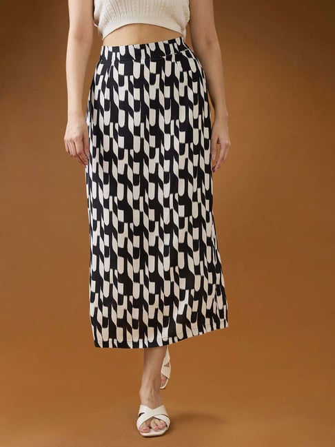 Globus Women Black & White Abstract Mid-Rise Back Slit Straight Midi Skirt-picture-23