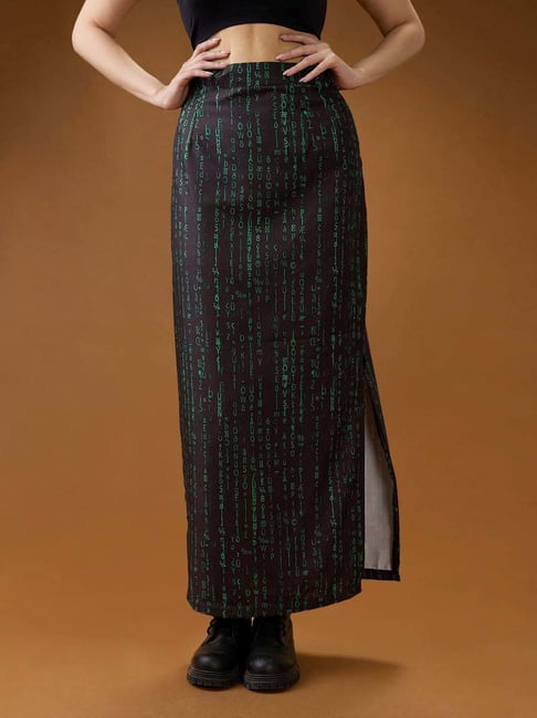 Globus Women Black & Green Digital Print Mid-Rise Side Slit Straight Mdi Skirt-picture-42