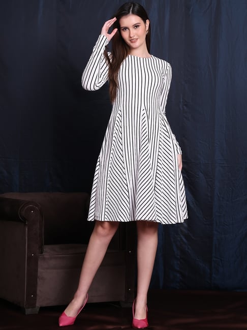 Exude White Regular fit Stripes Dress-picture-27