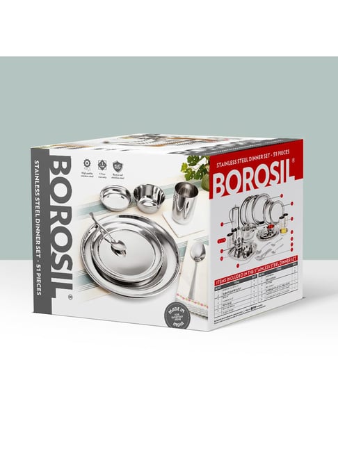 Borosil 51 pcs Stainless Steel Dinner Set of Family for Glossy Finish  Crockery for Dining