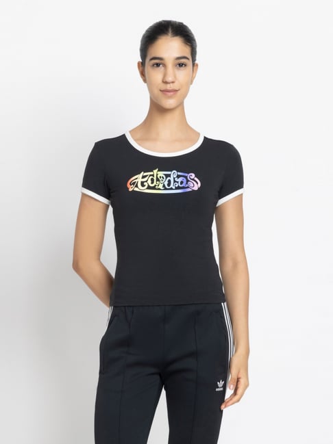 Adidas Originals Black Cotton Slim Fit Logo Printed Sports T-Shirt-image-45