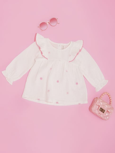 Pantaloons Baby Girls White Cotton Embroidery Top