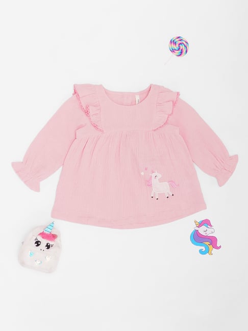 Pantaloons Baby Girls Pink Cotton Embroidery Top