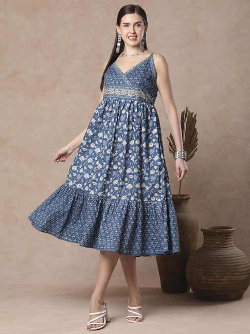 Fashor Blue Cotton A-Line Fit Printed Ethnic Dress