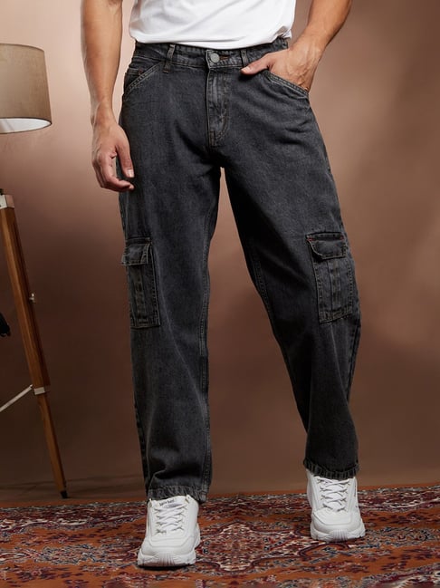 Campus Sutra Charcoal Black Acid-Wash Utility Denim Jeans