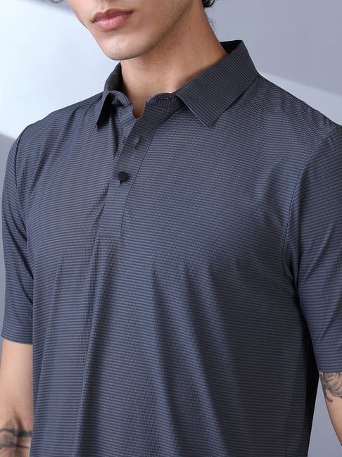 Campus Sutra Charcoal Grey Seamless Striped Polo T-Shirt