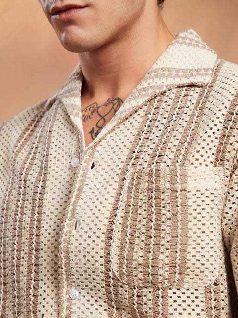 Campus Sutra Off-White Ash Brown Striped Open-Knit Oversized Campus Sutra Off-White Ash Brown Striped Open-Knit Oversized