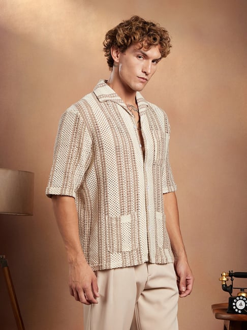 Campus Sutra Off-White Ash Brown Striped Open-Knit Oversized Campus Sutra Off-White Ash Brown Striped Open-Knit Oversized