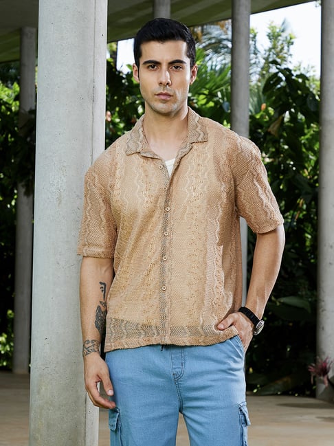 Campus Sutra Sand Beige Swirl Open-Knit Resort Shirt-picture-35