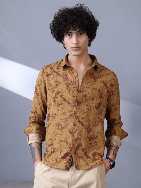 Campus Sutra Wood Brown Leafline-Tactile Shirt-picture-20
