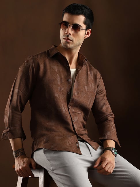 Campus Sutra Chocolate Brown Overlap-Weave Shirt