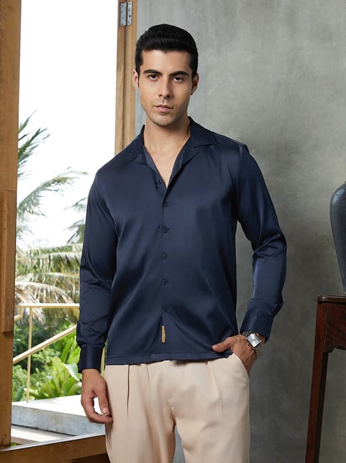 Campus Sutra Prussian Blue Solid Cuban Shirt-picture-24