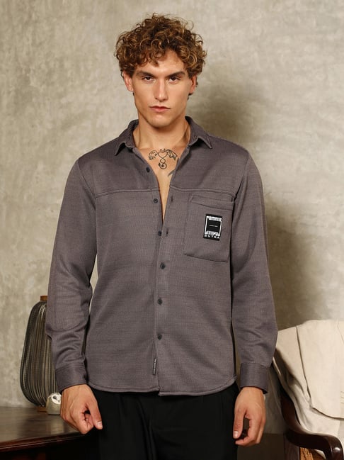 cahoot Campus Sutra Charcoal Grey Ribbed-Knit Utility Shirt-picture-14