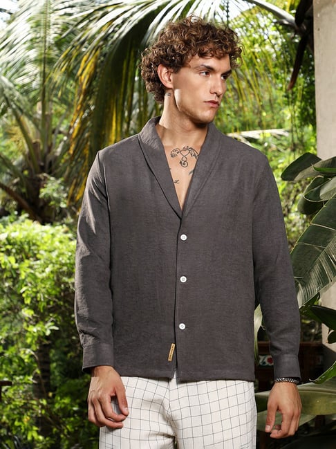cahoot Campus Sutra Charcoal Grey Solid Shawl Collar Oversized Shirt-picture-12