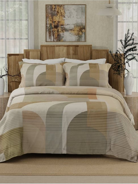 Boutique Living Gardenia Augusta Beige & Grey Cotton Abstract 300 TC King Flat Bedsheet with 2 Pillow Covers