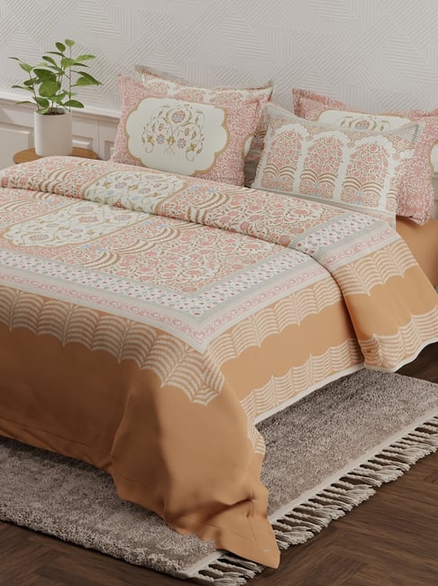 Boutique Living Platinum Pulse Brown & Red Cotton Ethnic 800 TC King Flat Bedsheet with 4 Pillow Covers-picture-20
