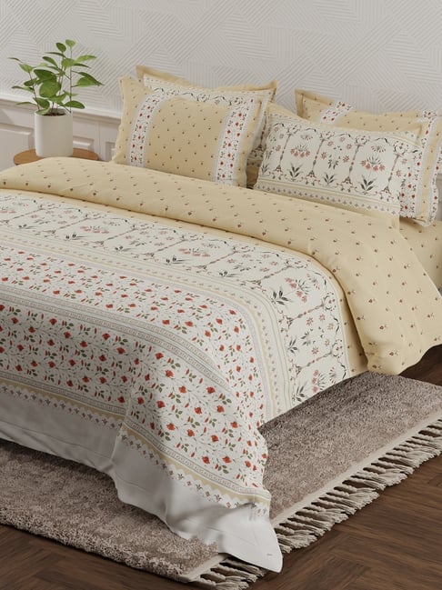 Boutique Living Platinum Pulse Beige Cotton Ethnic 800 TC King Flat Bedsheet with 4 Pillow Covers-picture-15