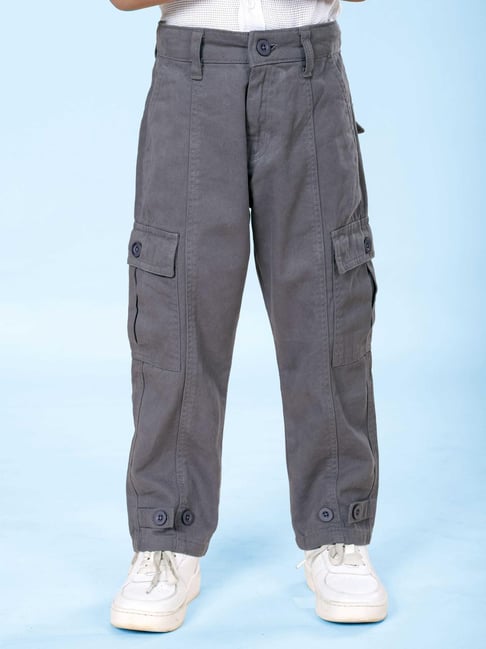 Kiddopanti Boys Grey Cotton Regular Fit Cargo Pants