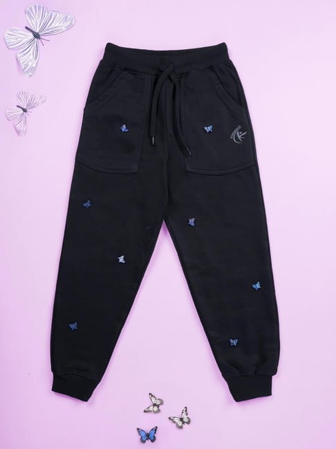 Kiddopanti Girls Black Applique Regular Fit Joggers-picture-29