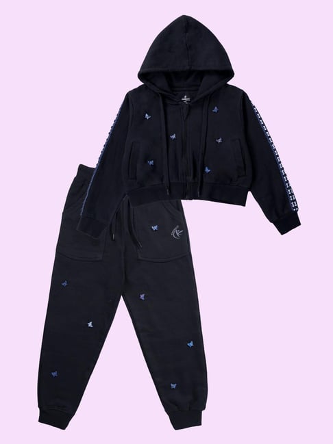 Kiddopanti Girls Black with Butterfly Applique Regular Fit Sweatshirt with Trackpants-picture-37