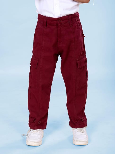 Kiddopanti Boys Maroon Cotton Regular Fit Cargo Pants