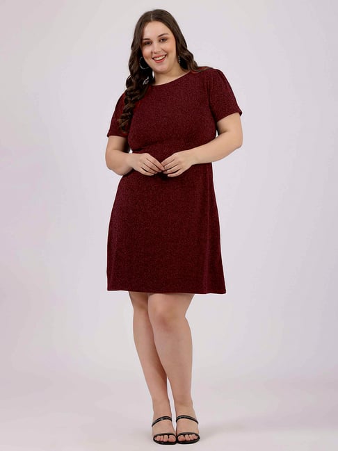 Curvy Lane Maroon Blended Solid A-Line Dress