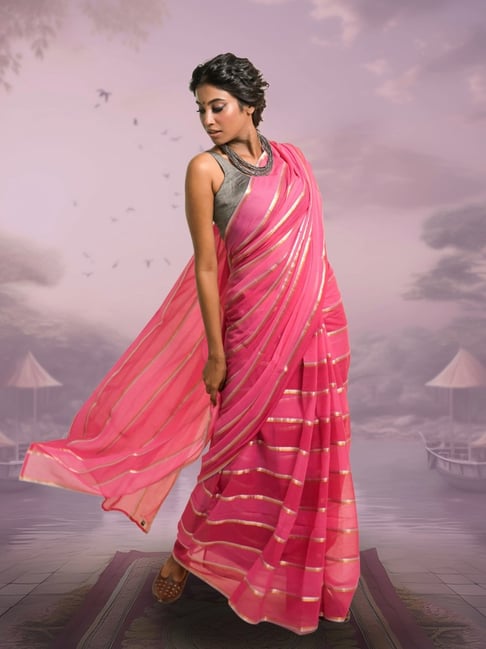 Huts and Looms Pink & Red Cotton Striped Saree-picture-11