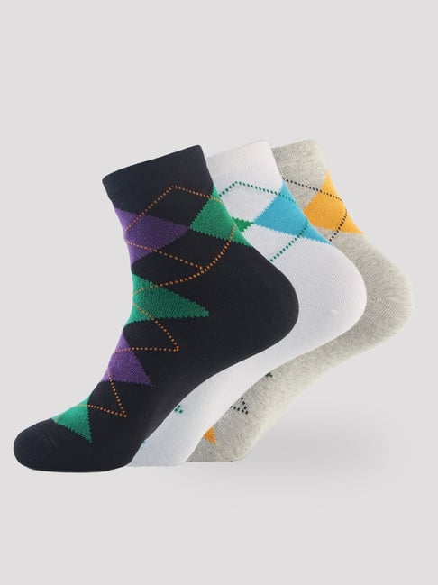 Hoversoul Multi Colour Ankle Length Cotton Elastane Argyle Socks (Pack Of 3)