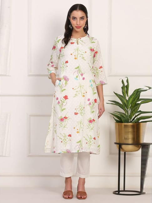 W Off White Cotton Regular Fit Floral Print Kurta-picture-39