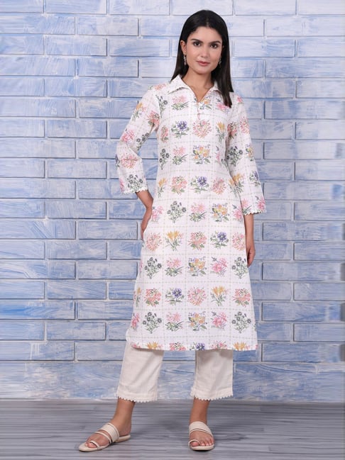 W White Cotton Regular Fit Floral Print Kurta-picture-10