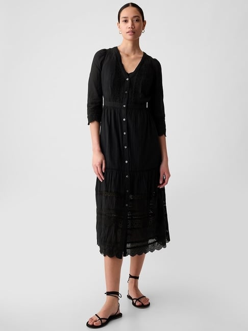 Gap Black Cotton Solid Three-Quarter Sleeves Dress-picture-48