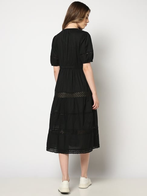 Gap Black Cotton Solid Short Sleeves Regular Fit Tiered Dress With Camisole