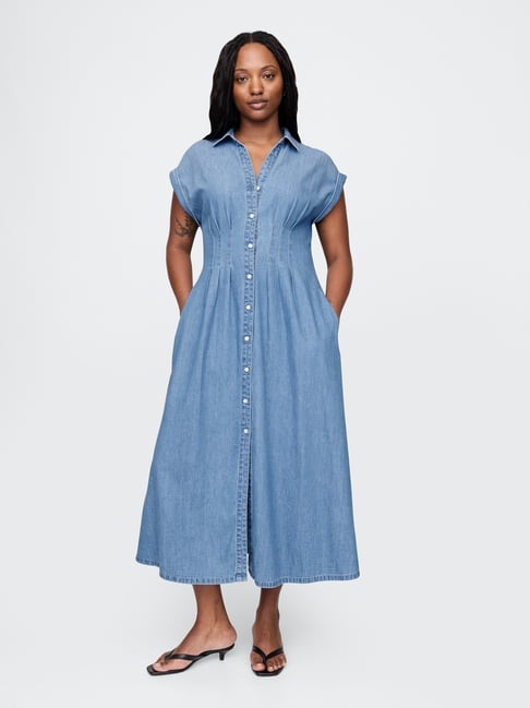 Gap Medium Blue Cotton Solid Short Sleeves Regular Fit Shirt Dress Gap Medium Blue Cotton Solid Short Sleeves Regular Fit Shirt Dress