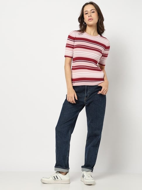 Gap Lt. Pink Cotton Striped Short Sleeves Slim Fit Top