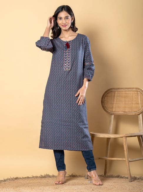 READIPRINT Navy Blue Cotton Chevron Kurta