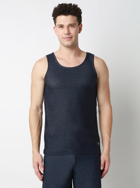 UnderJeans by Spykar Dark Denim Blue Blended Solid Vests
