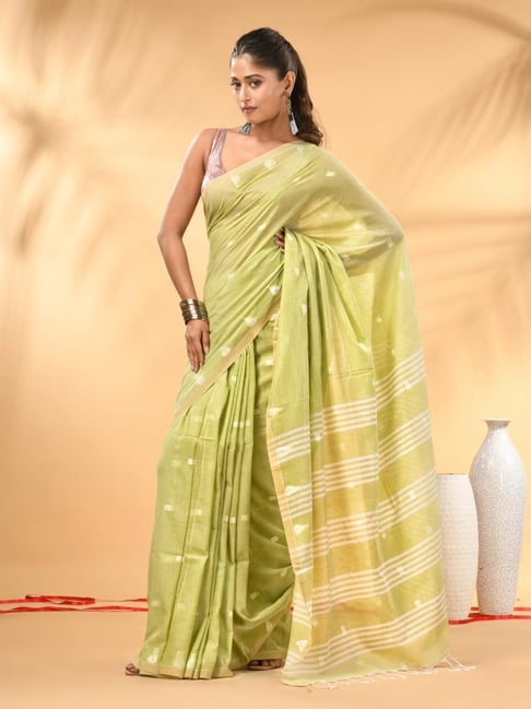 Charukriti Lime Green Embellished Saree with Subtle Striped Pallu-picture-12