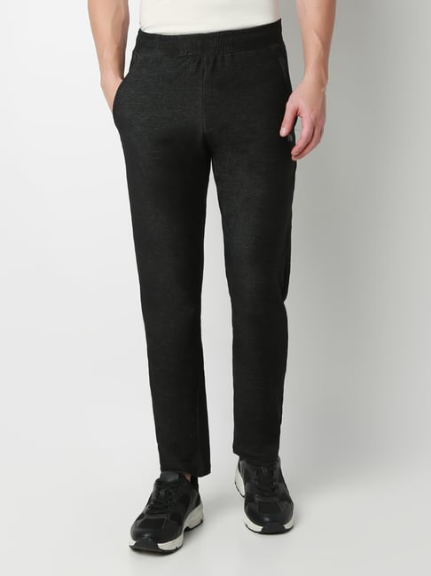 UnderJeans by Spykar Dark Denim Black Blended Solid Mid Rise Track Pants