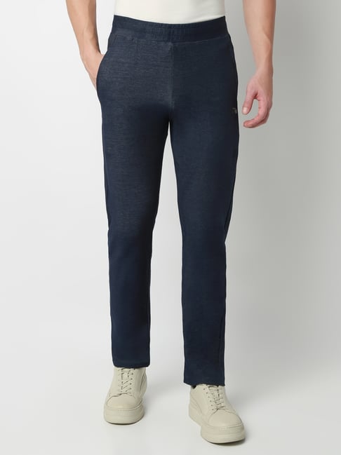 UnderJeans by Spykar Dark Denim Blue Blended Solid Mid Rise Track Pants