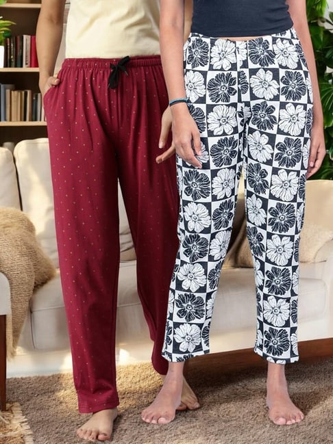 Kryptic off White & Maroon Cotton Relaxed Fit Printed Lounge Pant - Pack of 2-picture-48