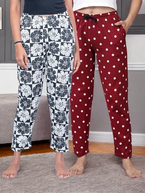 Kryptic Maroon & Off White Cotton Relaxed Fit Printed Lounge Pants - Pack of 2-picture-45