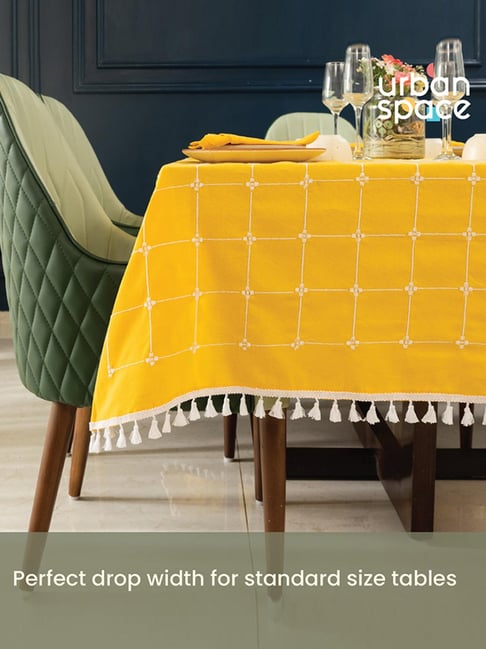Urban Space Cotton Aura Checks Yellow Embroidered Table Cover - 6 Seater