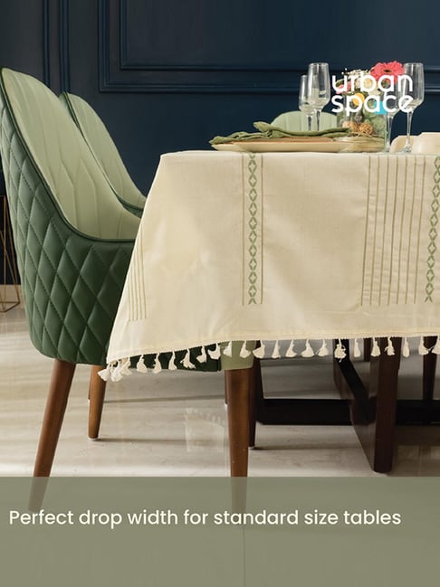 Urban Space Cotton Jhaalar Green Embroidered Table Cover - 6 Seater