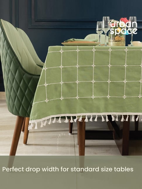 Urban Space Cotton Aura Checks Sage Green Embroidered Table Cover - 4 Seater